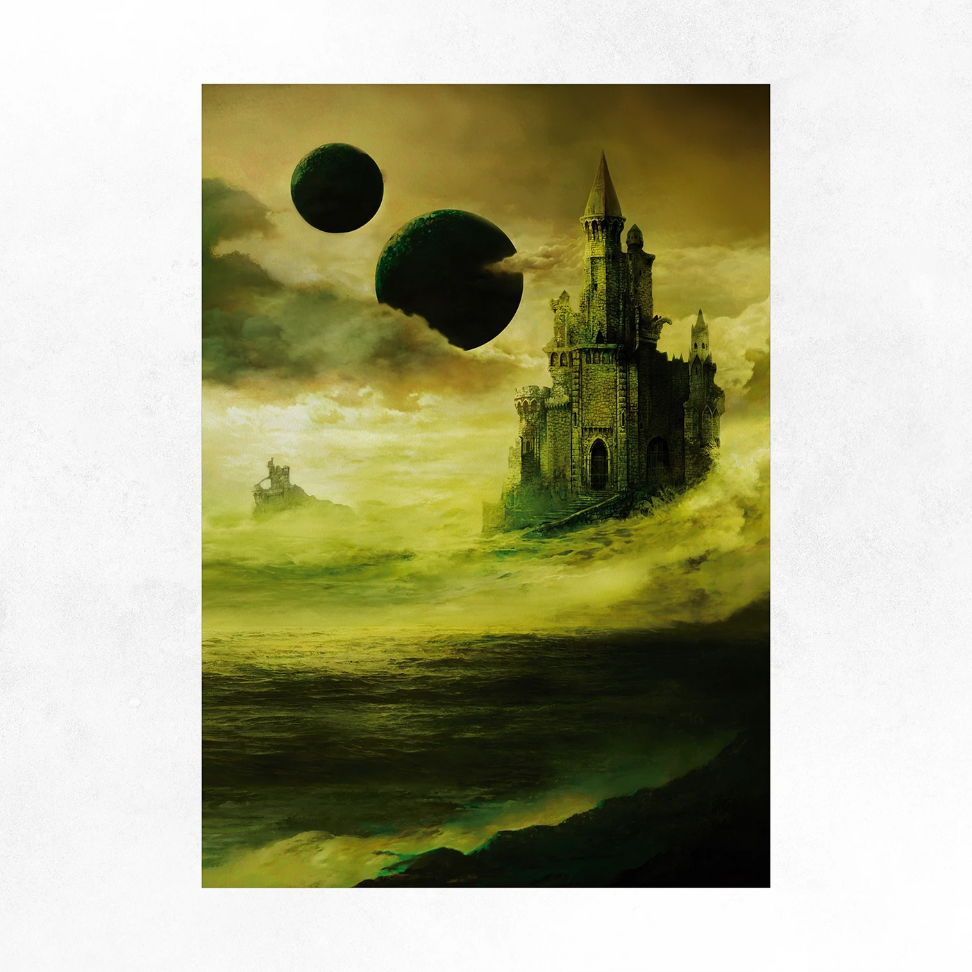 Lake Hali art print by JP Aguirre — the spires of Carcosa rising from mist along the still shores of Lake Hali beneath black stars, A3 print.