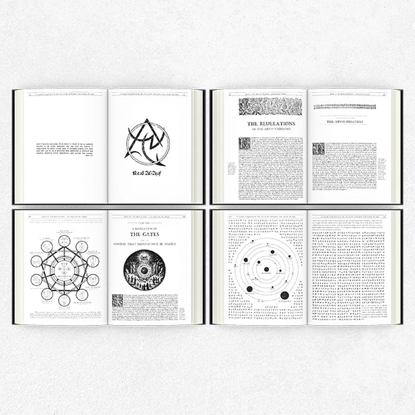 Open book displaying pages with black and white illustrations and text on a white background