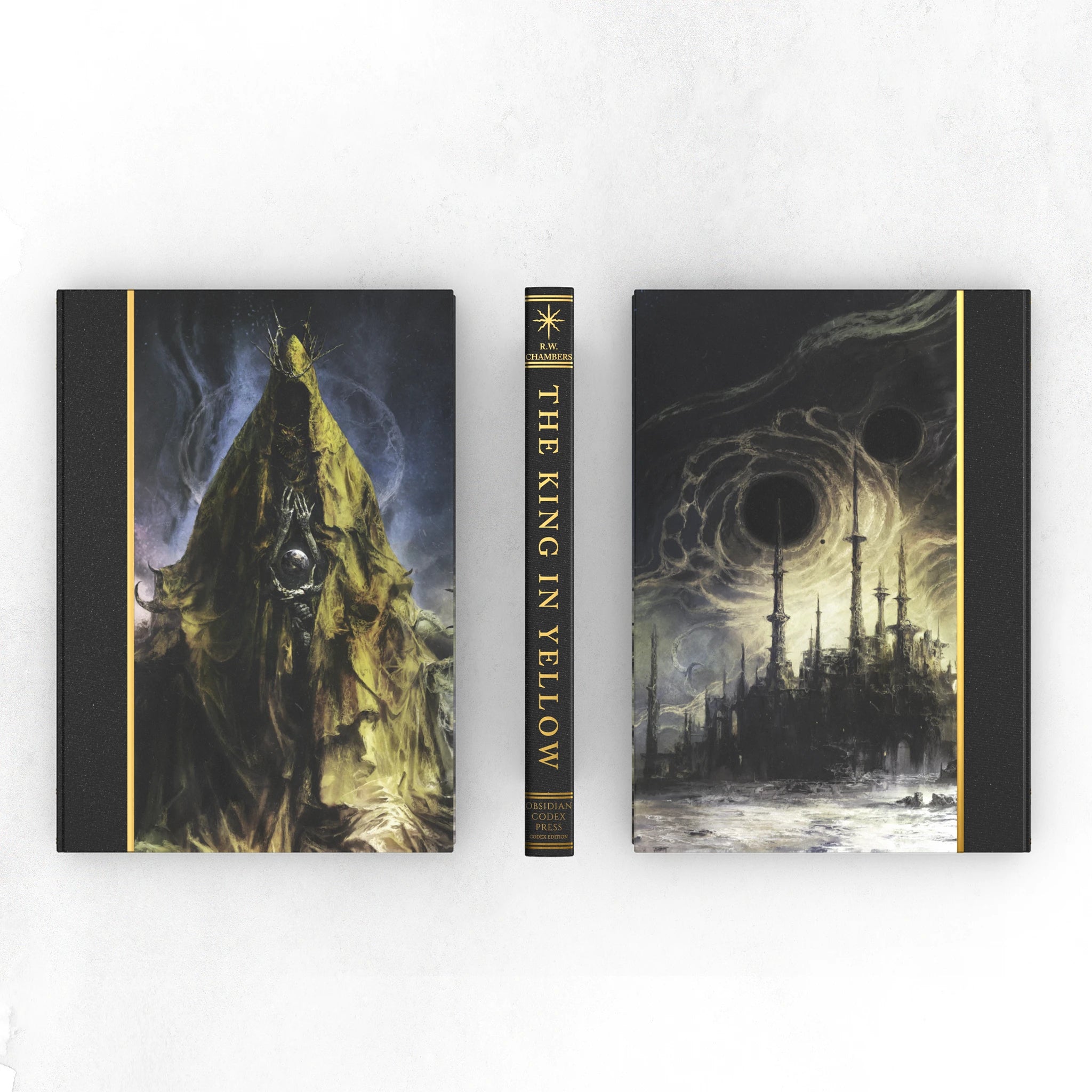 Book titled 'The King in Yellow' with artistic cover design on a white background