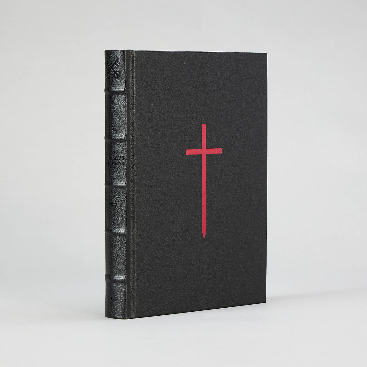 The Malleus Maleficarum, Artefact Edition — front board in black leatherette with a deep ox-blood cross