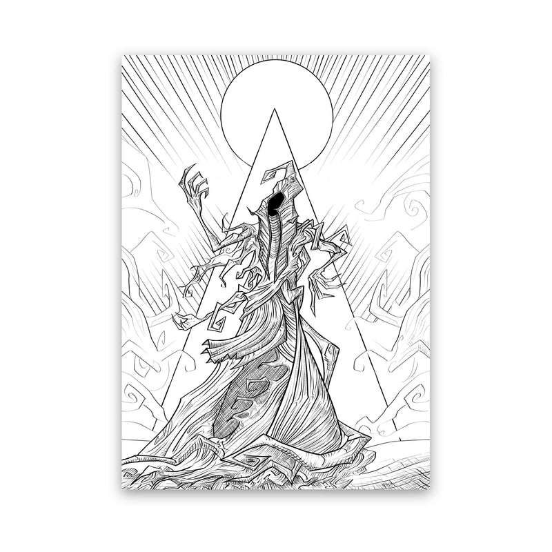 Nyarlathotep art print by Alessandro Rossetti, a robed figure beneath a haloed sun rendered in ink line work, from Fungi from Yuggoth. A3 Hahnemühle fine art print.