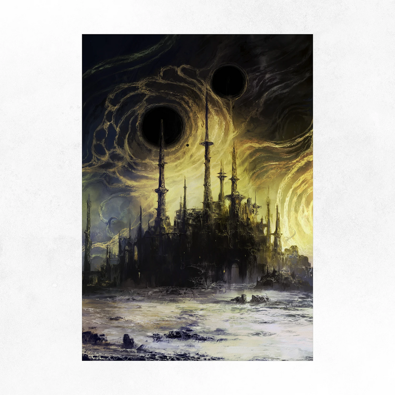 Carcosa art print by Seung Gue Lee — silhouetted towers and coiling light beneath Chambers' black stars, A3 Hahnemühle fine art print.