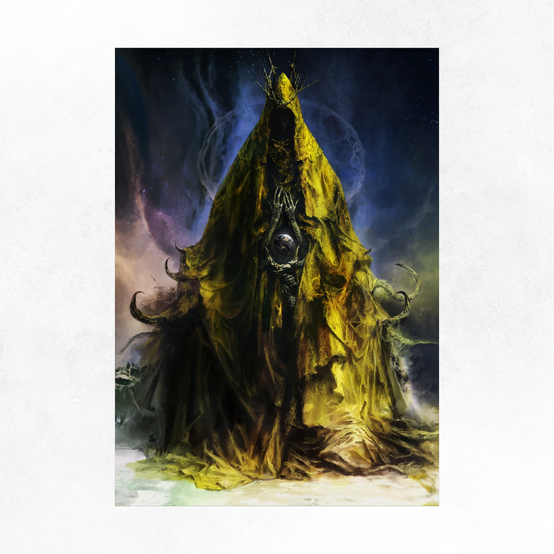 Hastur art print by Seung Gue Lee — veiled figure in yellow robes against a dark, otherworldly ground, A3 Hahnemühle fine art print.