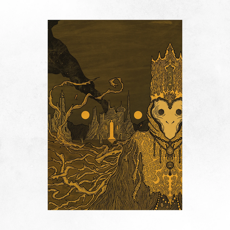 The King in Yellow art print by Javier Prado — robed figure crowned with ritual ornament standing before the spires of Carcosa, A3 fine art print.