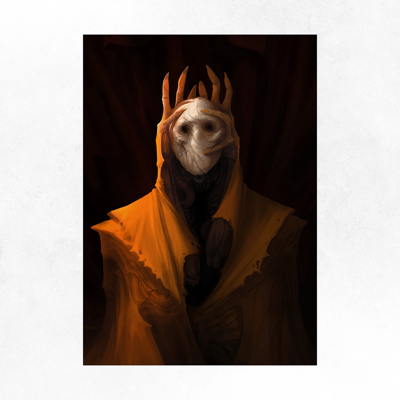 Character in a yellow robe with a crown in a dark setting