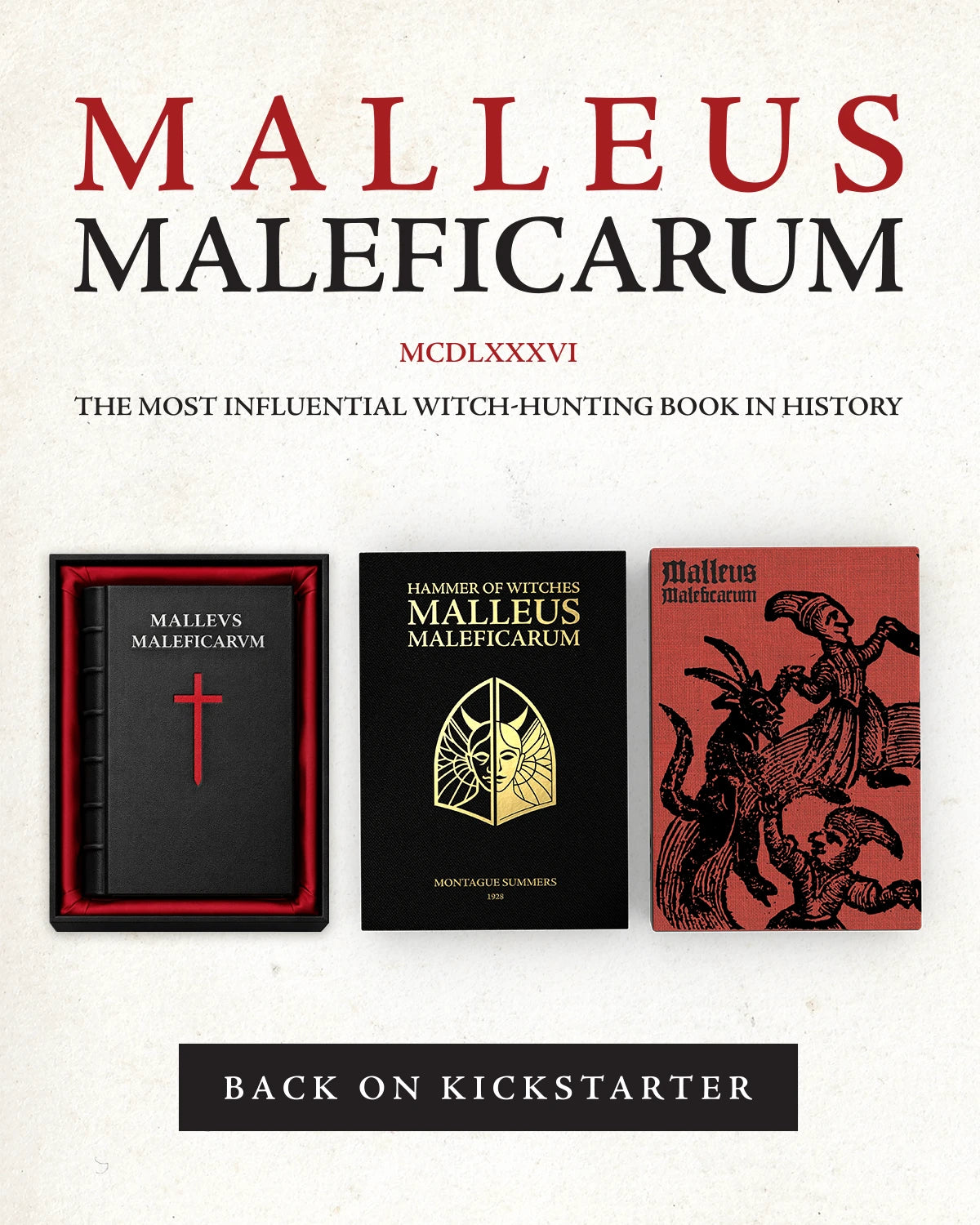 Three editions of 'Malleus Maleficarum' on a white background with promotional text.
