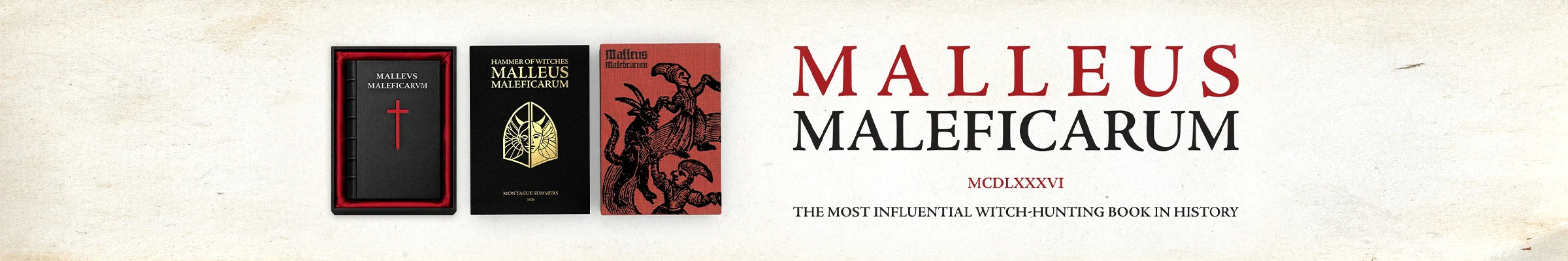 Three books titled 'Malleus Maleficarum' on a textured background