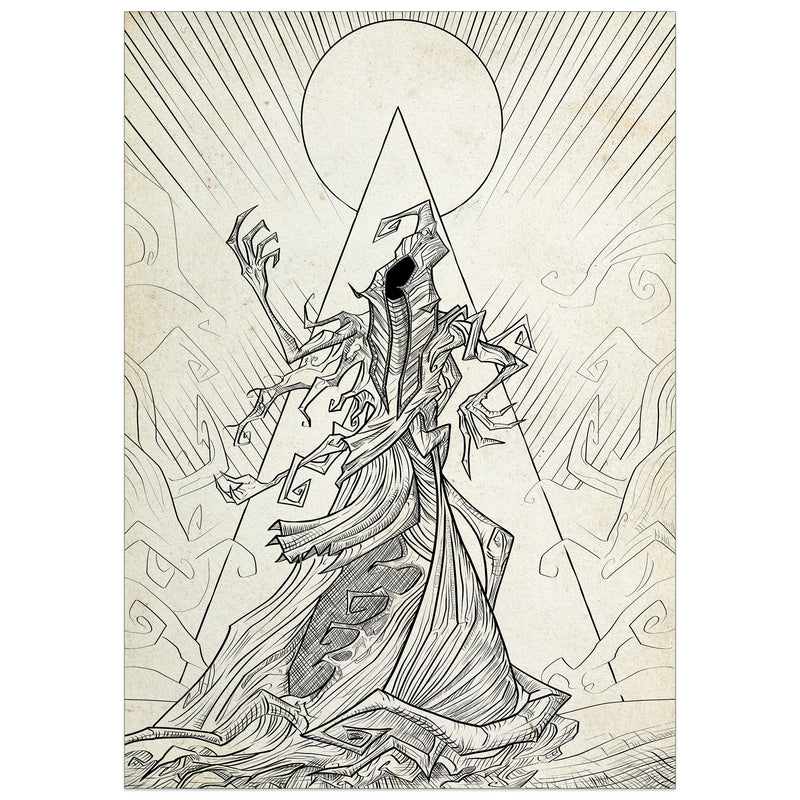 Fungi from Yuggoth art print by Alessandro Rossetti: a robed, faceless figure with clawed hands rising before a rayed sun and coiling glyphs, A3 fine art print.