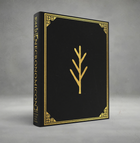 Black book with gold trim and symbol on a gray background