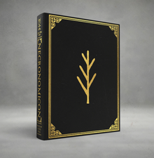 Black book with gold trim and symbol on a gray background