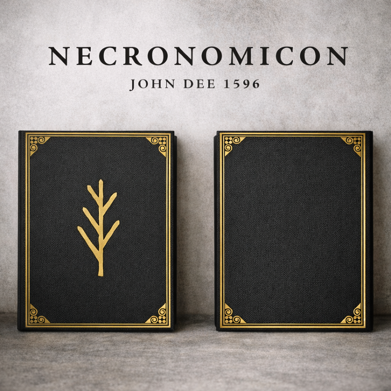 Two black books with gold detailing and 'Necronomicon' title on a gray background