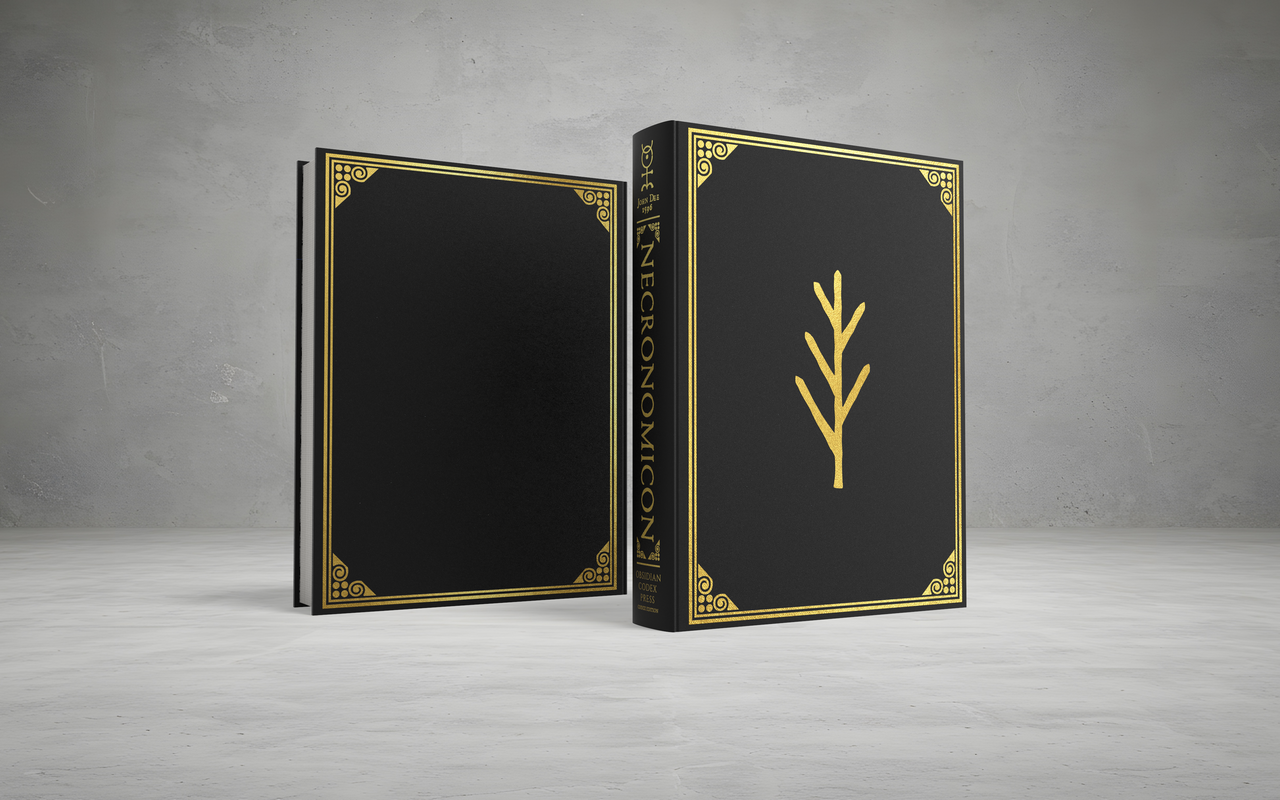 Two black books with gold accents and a tree symbol on a gray background