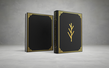 Two black books with gold accents and a tree symbol on a gray background