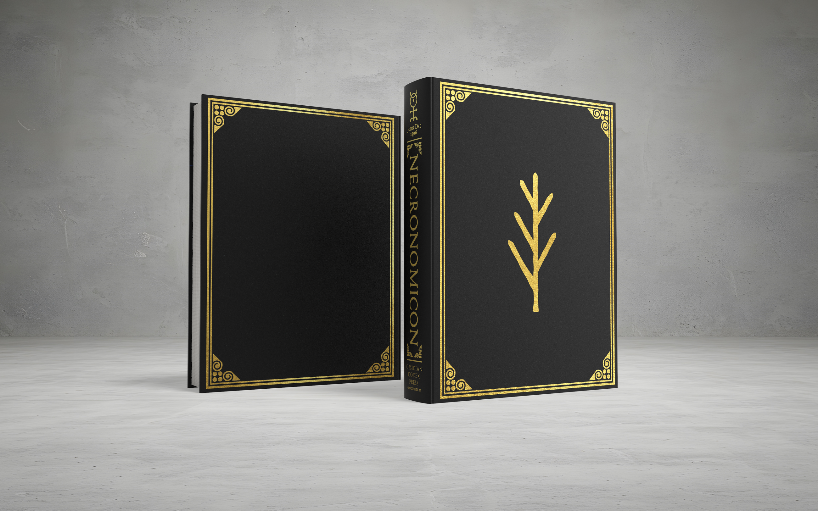 Two black books with gold accents and a tree symbol on a gray background