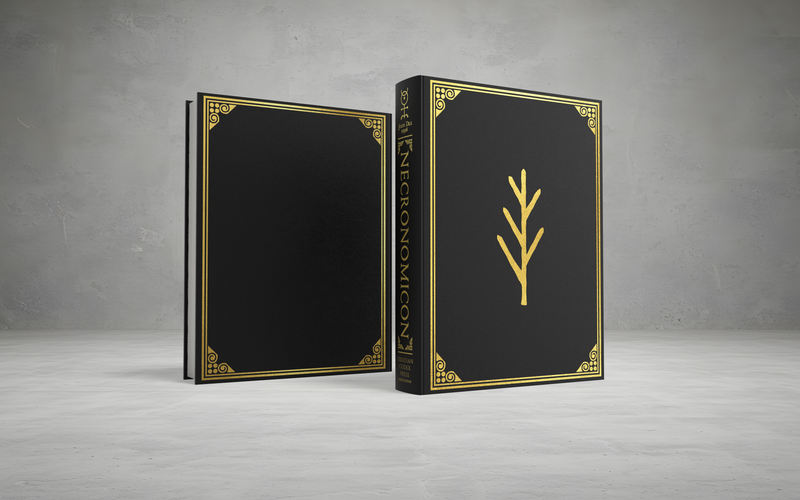 Two black books with gold accents and a tree symbol on a gray background