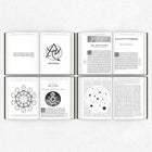 Open book displaying pages with black and white illustrations and text on a white background