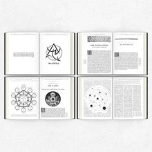 Open book displaying pages with black and white illustrations and text on a white background