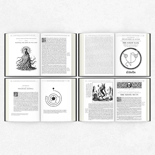 Open book displaying black and white illustrations and text on a white background