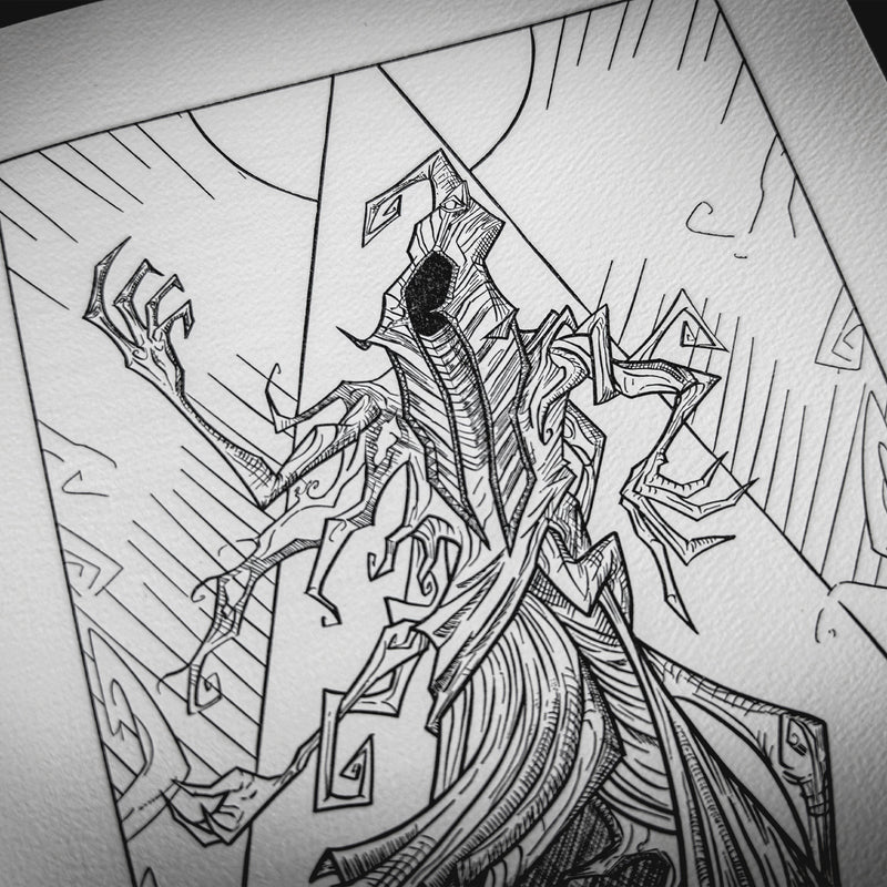 Detail of Alessandro Rossetti's pen illustration for Fungi from Yuggoth: a robed, faceless figure with clawed hands amid angular rays and coiling glyphs.