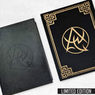 The Necronomicon Artifact Edition book (black PU leather with debossed border) and slipcase (black cloth with gold foil Necronomicon emblem and border)
