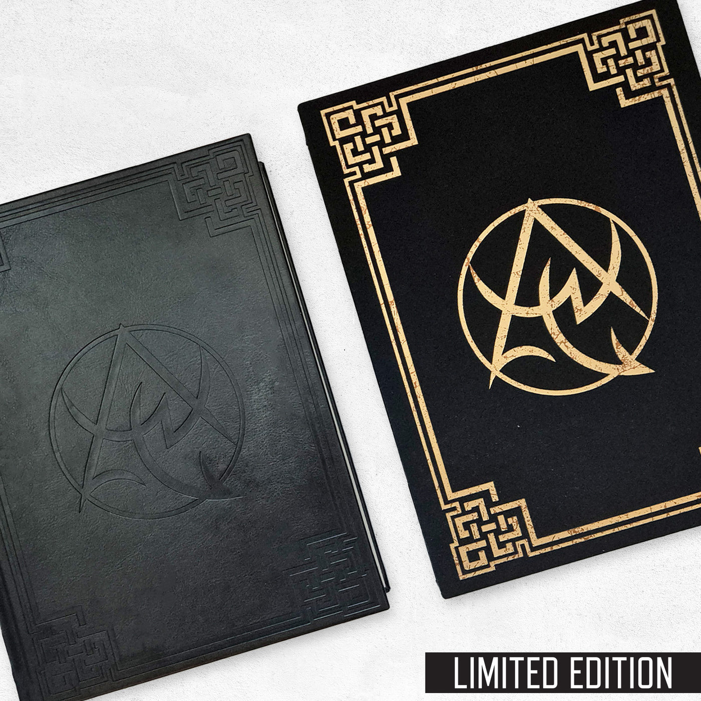 The Necronomicon Artifact Edition book (black PU leather with debossed border) and slipcase (black cloth with gold foil Necronomicon emblem and border)