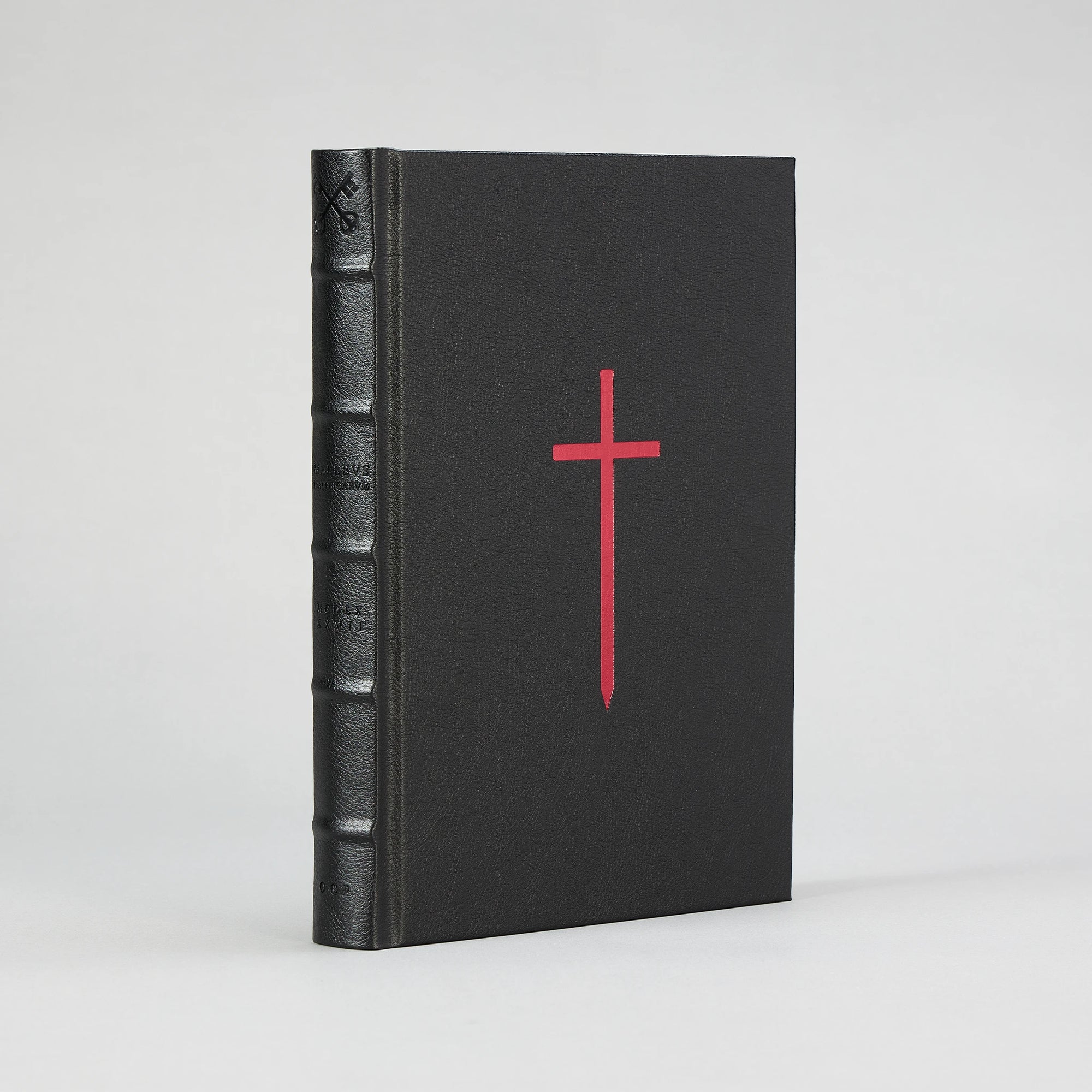 The Malleus Maleficarum, Artefact Edition — front board in black leatherette with a deep ox-blood cross