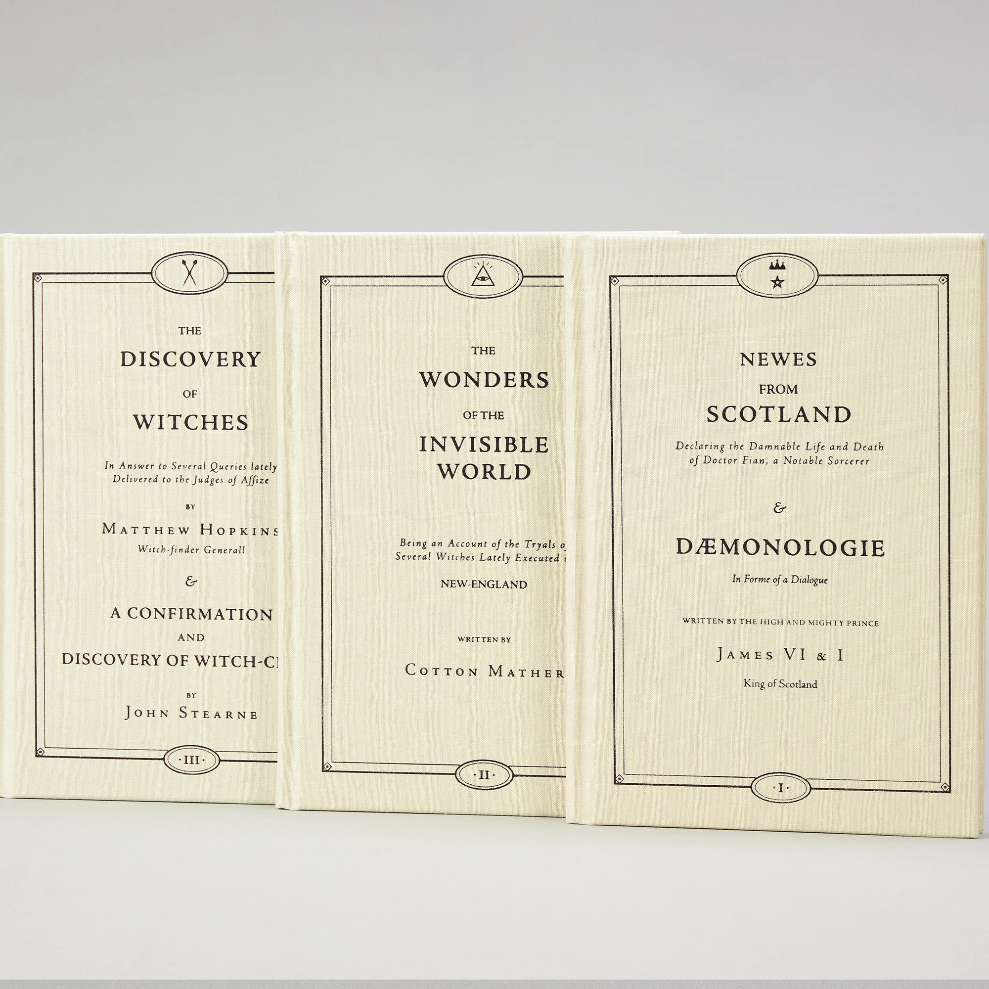 Testimonies on Witchcraft & Demonology — spines of the three volumes
